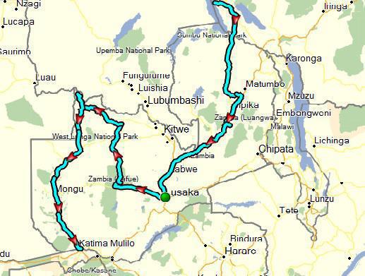 Our route through Zambia. 